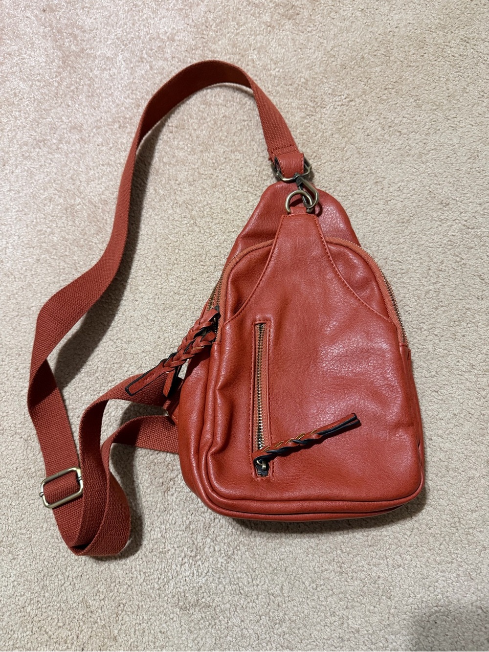 Sleek Rust Red Leather Crossbody Sling Bag